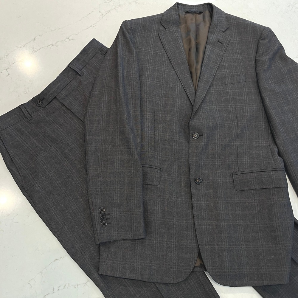 Saks Fifth Avenue BLACK Ermenegildo Zegna Suit Mens 40 Brown Plaid Wool Slim Fit
